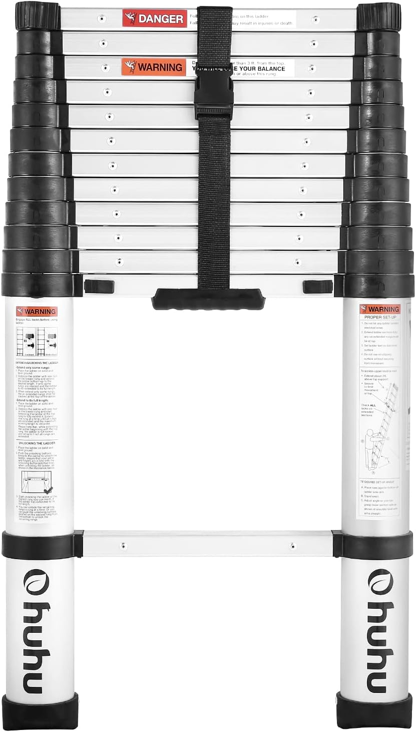 Telescoping Ladder, Ohuhu Upgraded 12.5 FT Aluminum One-Button Retraction Extension Ladder ANSI Certified Retractable Collapsible Ladders
