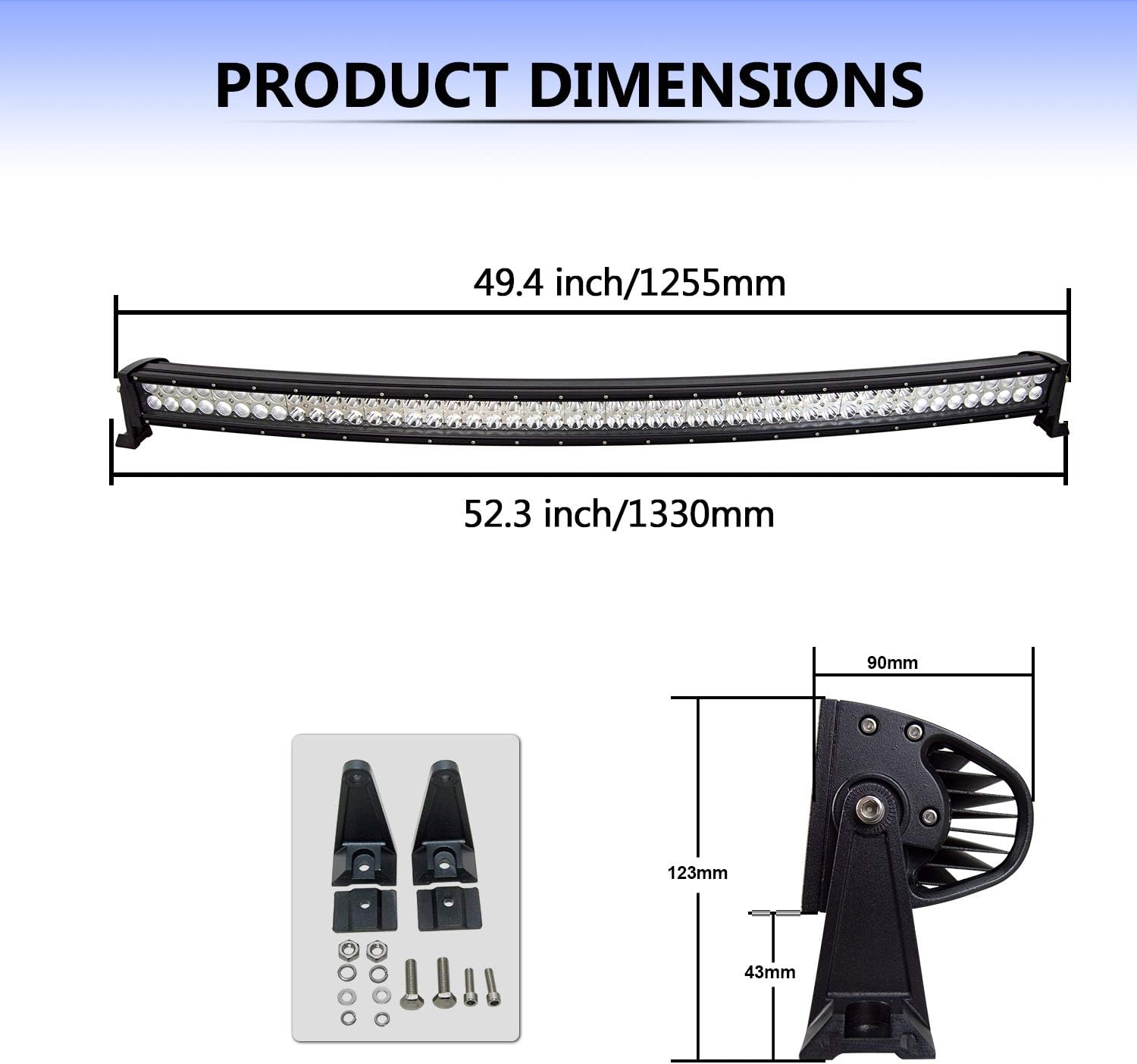 Willpower 50 inch Curved LED Light Bar 288W Double Spot Flood Combo Led Driving Fog Work Lightbar with Mounting Bracket for 4x4 Off Road Boat SUV UTE