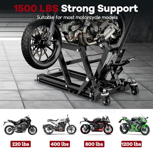 Goplus Motorcycle Lift, 1500 LBS Hydraulic ATV Scissor Jack with Footplates & Long Handle, 2 Ratchet Belts, 4 Wheels, 4.7”-15” Lifting Range