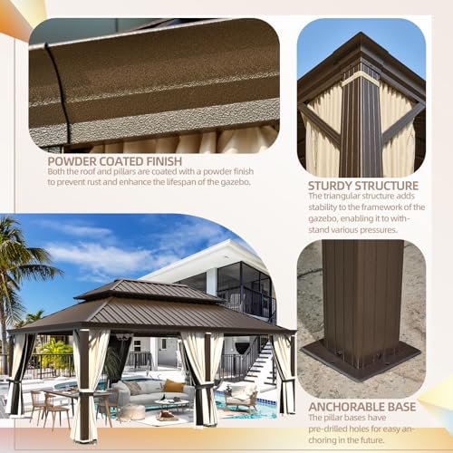 YOLENY 10' x 12' Hardtop Gazebo, Metal Gazebo with Aluminum Frame, Double Galvanized Steel Roof, Curtains and Netting Included