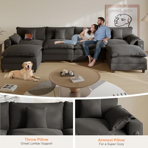 Modular Sectional Sofa, Cloud Couch with Ottoman, Charging Station, Throw Pillows, Cup Holders, Modern Convertible U Shaped Couches for Living Room