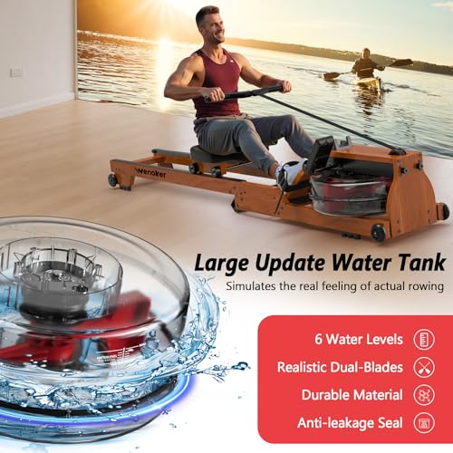 Water Rowing Machine for Home Use, WENOKER Wooden Foldable Rower Machine with Adjustable Monitor & Bluetooth APP