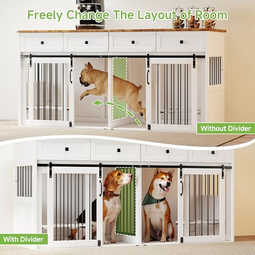 Real Relax 71" Double Dog Crate Furniture, Large Wooden Dog Kennel Furniture with 2 Drawers, Divider and Sliding Door