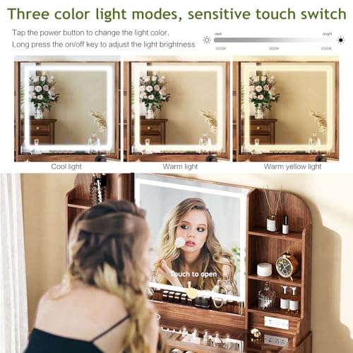 43" Makeup Vanity Desk with Mirror and Lights, & Power Outl, Glass Top Big Vanity Table with 9 Drawers& 8 Storage Shelves