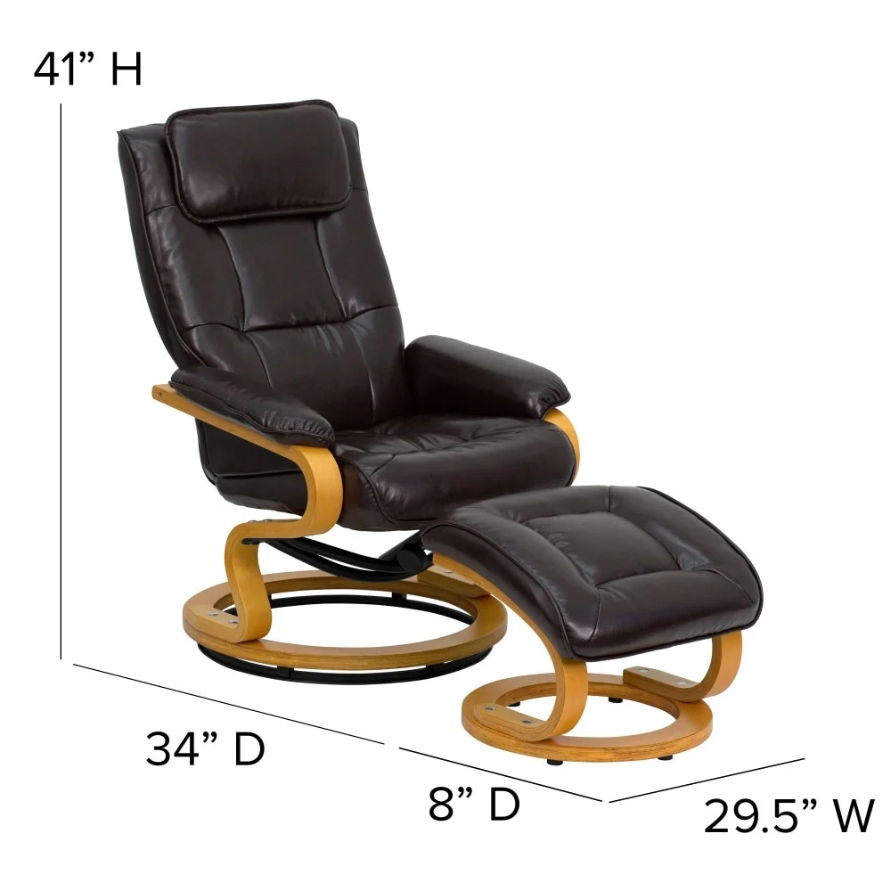 Flash Furniture Contemporary Multi-Position Recliner and Ottoman with Swivel Maple Wood Base Brown Pushback Recline