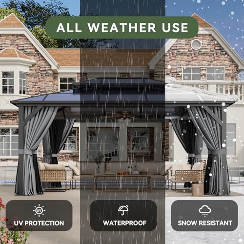 Aoxun 12'x10' Hardtop Gazebo, Aluminum Frame Permanent Pavilion with Curtains and Netting, Outdoor Polycarbonate Double Roof Canopy