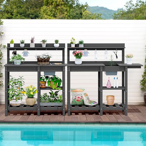 SERWALL Potting Bench Outdoor Potting Table with Sink, HDPE Potting Benches for Outside Gardening Table All Weather Use- Black