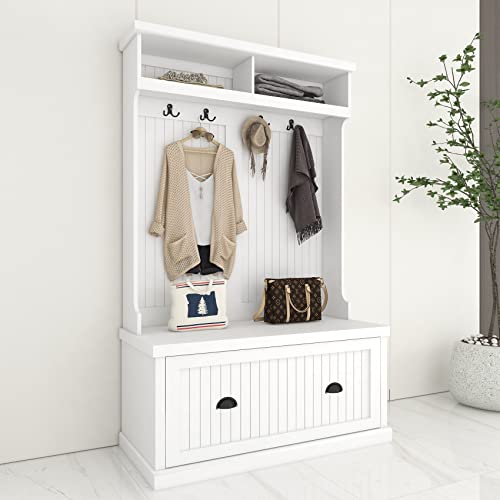 BNSPLY Hall Tree with Bench and Shoe Storage, 3 in 1 Entryway Bench with Coat Rack, Mudroom Bench with 4 Double Hooks