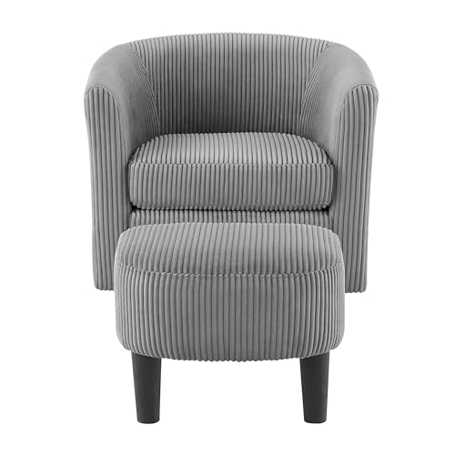 360 Degree Swivel Chair with Ottoman, Modern Upholstered Tufted Barrel Swivel Chair, Corduroy Fabric Accent Chair