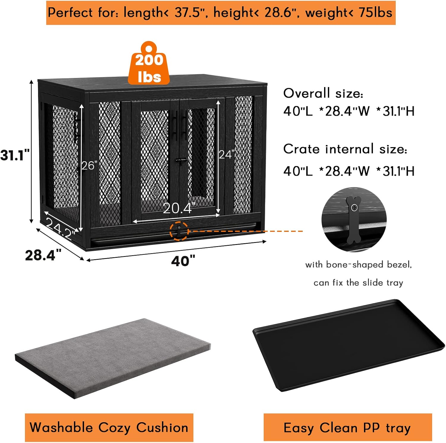 Furniture Style Dog Crate with Tray and Cushion, Double Doors Wooden Dog Kennel End Table