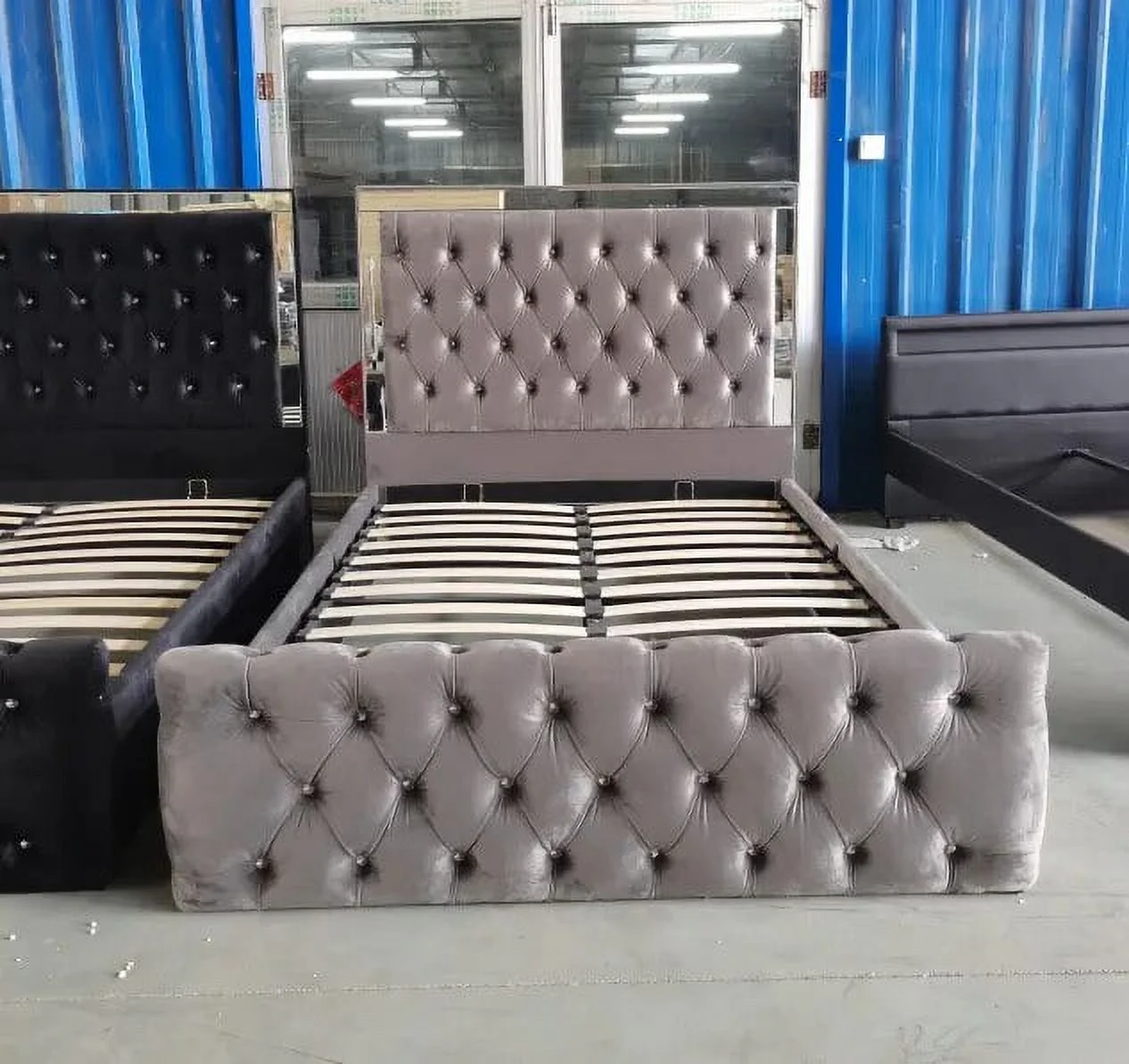 Headboard with Mirror Crystal Luxury Double Queen King Ottoman Gas Lift Velvet Fabric Upholstered Bedroom Furniture