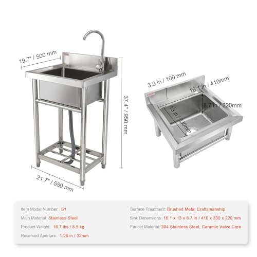 VEVOR Stainless Steel Utility Sink, 1 Compartment Free Standing Small Sink w/Workbench Faucet & legs