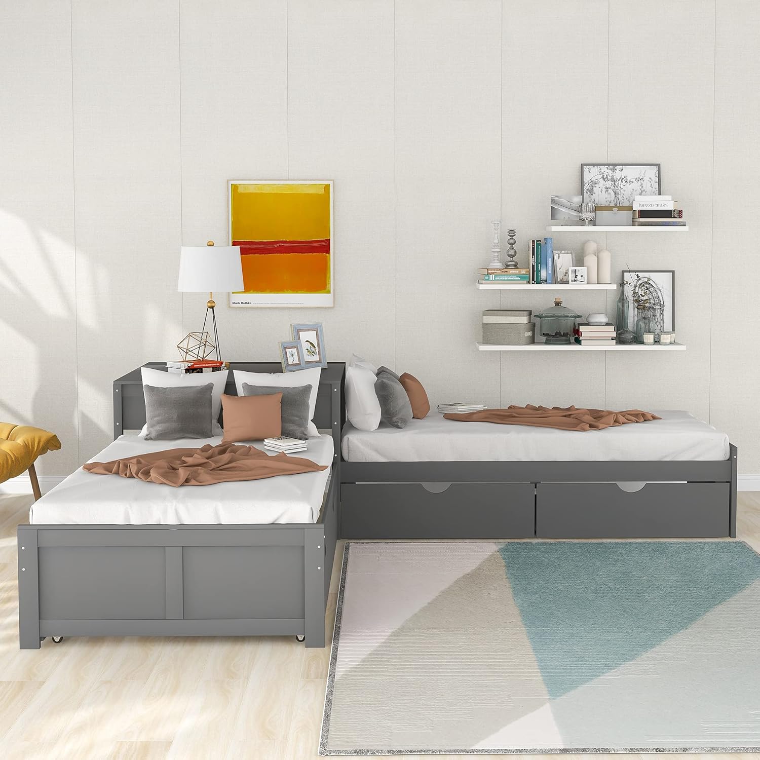 L-Shaped Platform Bed with Trundle and 2 Storage Drawers, Wooden Twin Corner Daybed Frame Linked with Built-in Square Desk, No Noise,for 3 Kids