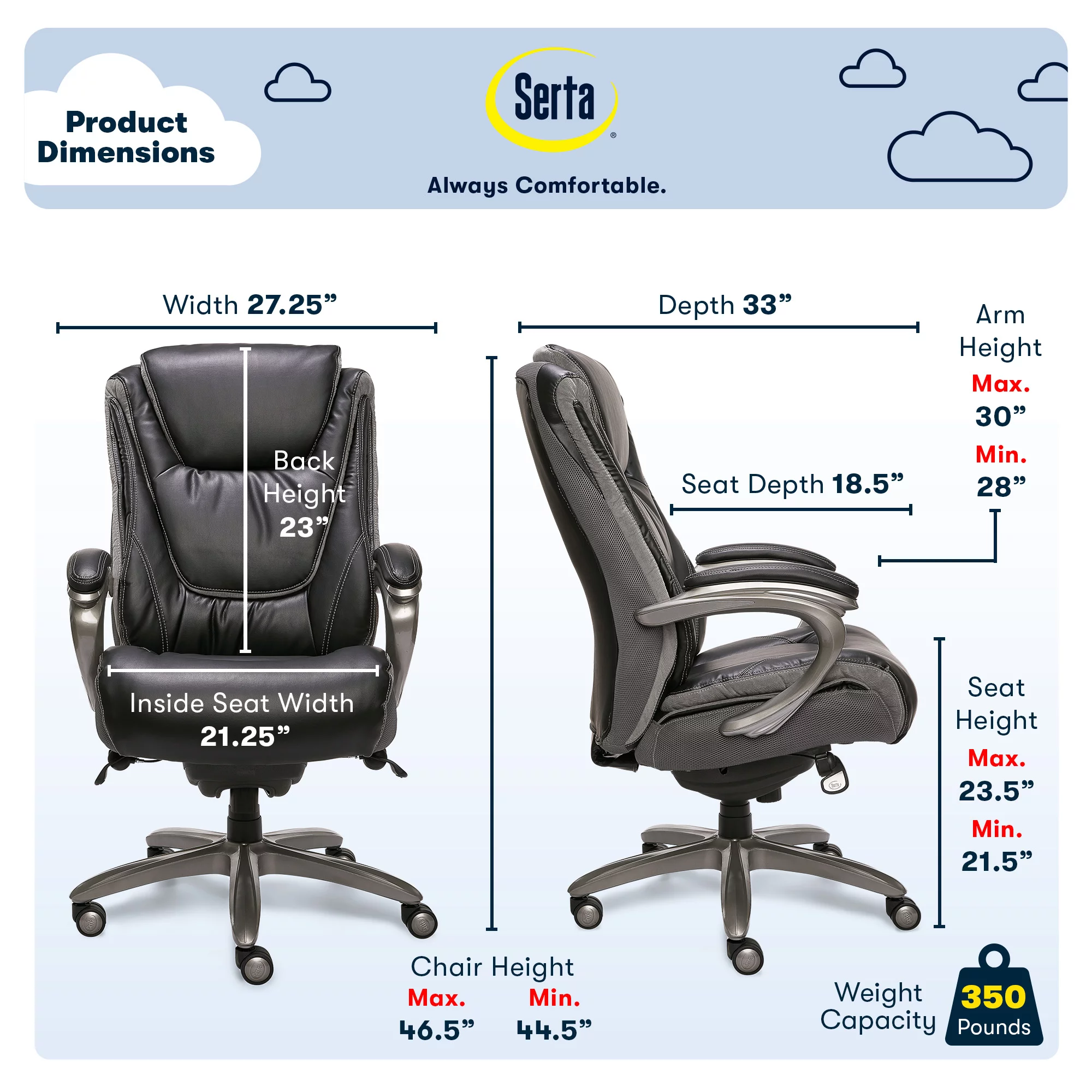 Serta Bonded Leather Big & Tall Office Chair with Smart Layers, 350 lb. Capacity, Black