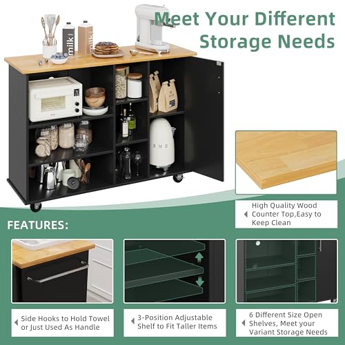 Shintenchi Rolling Kitchen Island Cart with Folding Drop Leaf Breakfast Bar, Portable Trolley Island with Large Storage Cabinet, Shelf and Drawer