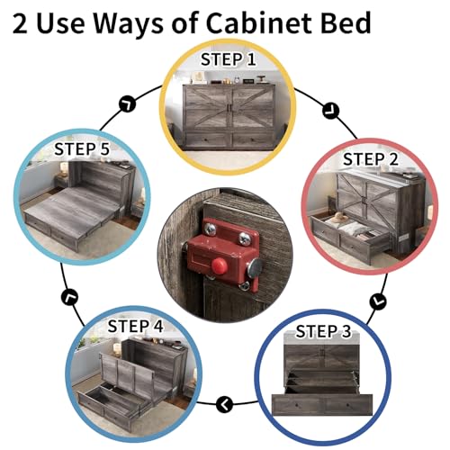 Full Size Murphy Bed with Charging Station, Cabinet Bed with Large Storage Drawer for Home Office or Small Room, Full Foldable Platform Bed, White