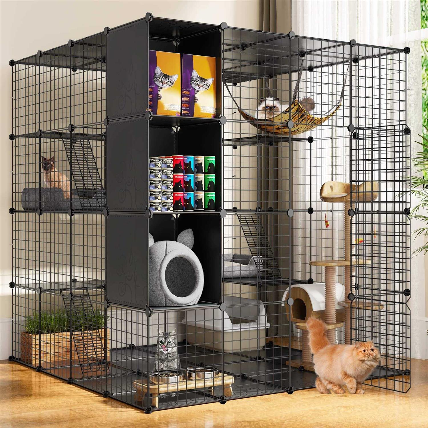 YITAHOME Cat Cage Indoor Large with Storage Cube DIY Catio Cat Enclosures Metal Cat Playpen with Hammock 1-4 Cats Tiers Cat