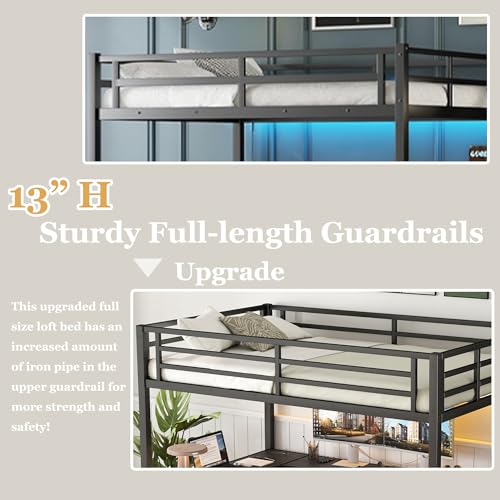 Bellemave Full Size Metal Loft Bed with L Shaped Desk and Wardrobe, Heavy Duty Loft Bed Frame with Storage Stairs
