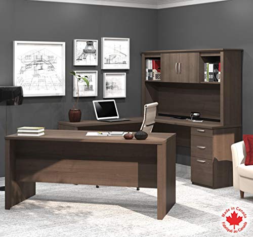 Bestar Logan 66W U or L-Shaped Executive Office Desk with Pedestal and Hutch in Bark Grey, Table Workstation for Personal Home Workspace