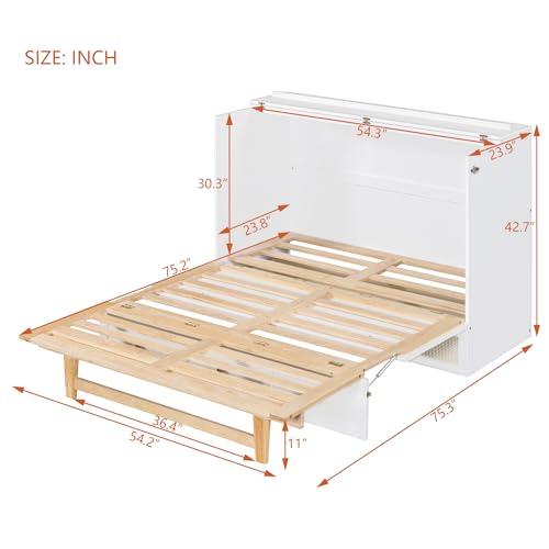 Ball & Cast Queen Size Solid Pine Murphy Bed Chest,Cabinet Hideaway Bed with Charging Station and Large Storage Drawer,Wood Wall Bed can be Folded