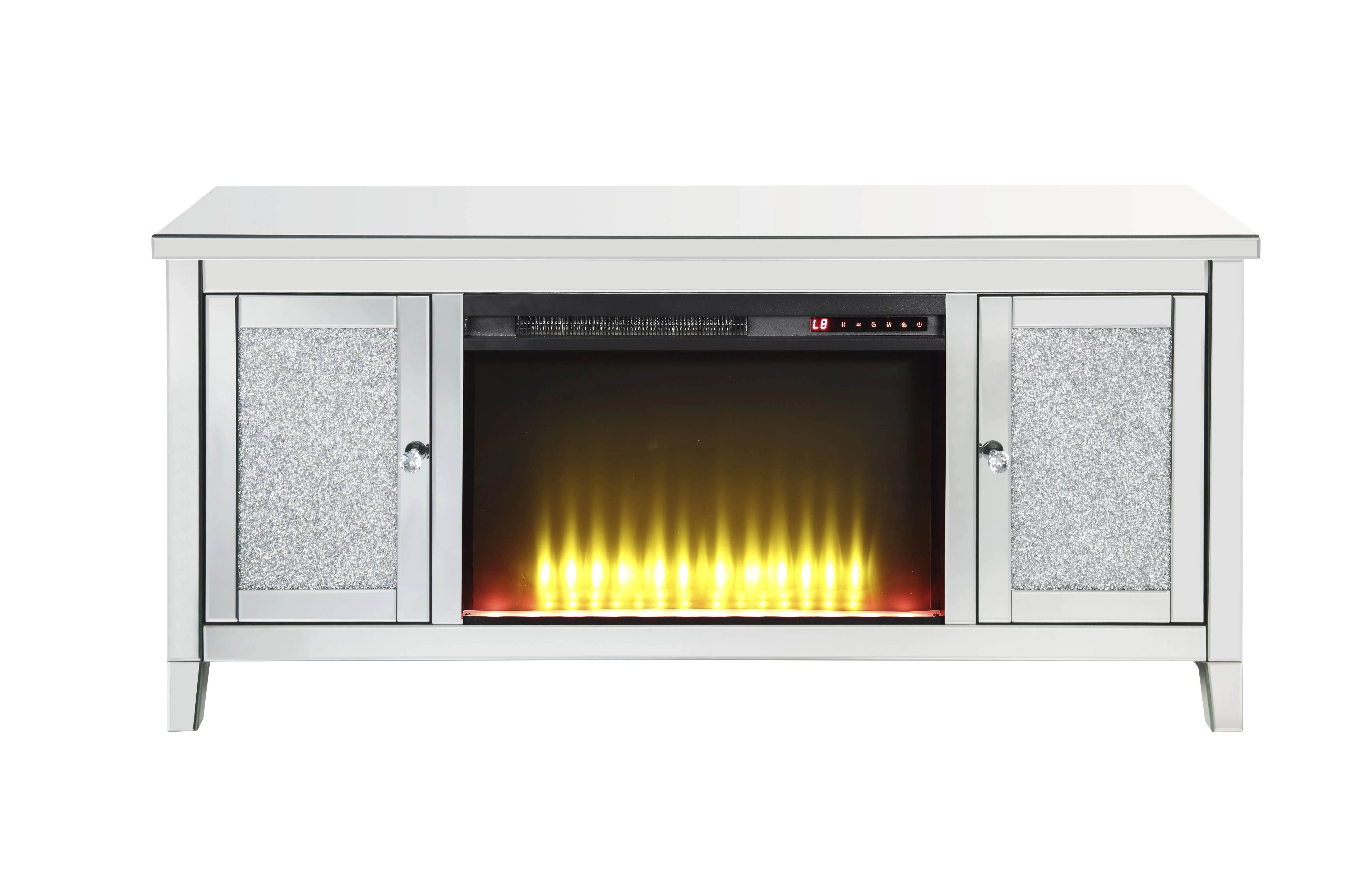 Nora lie TV Stand with Fireplace (LED) in Mirrored & Faux Diamonds