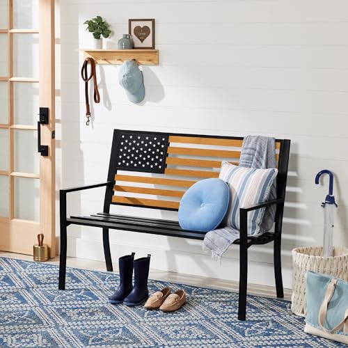 Best Choice Products Outdoor Bench 2-Person Steel Indoor/Outdoor Bench for Garden, Patio, Porch, Entryway w/American Flag, 790lb Capacity – Black