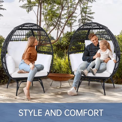 Oversized 360 Swivel Rattan Egg Chair for Adult, Indoor Outdoor Patio Large Wicker Egg Chair with Overstuffed Cushions, 440lb Weight Capacity