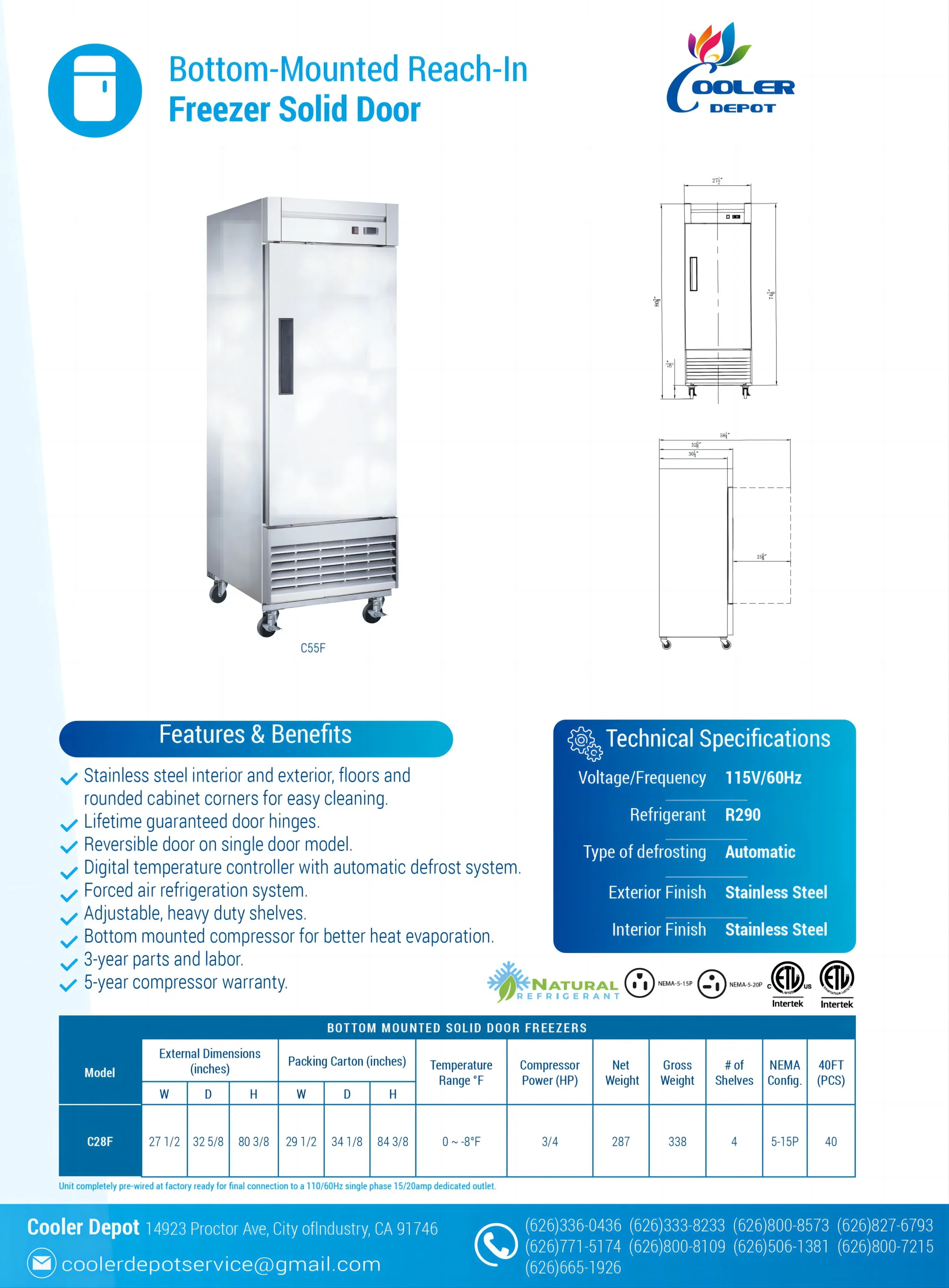 NSF Solid Door Reach-In Freezer 1 Door Freezer C28F