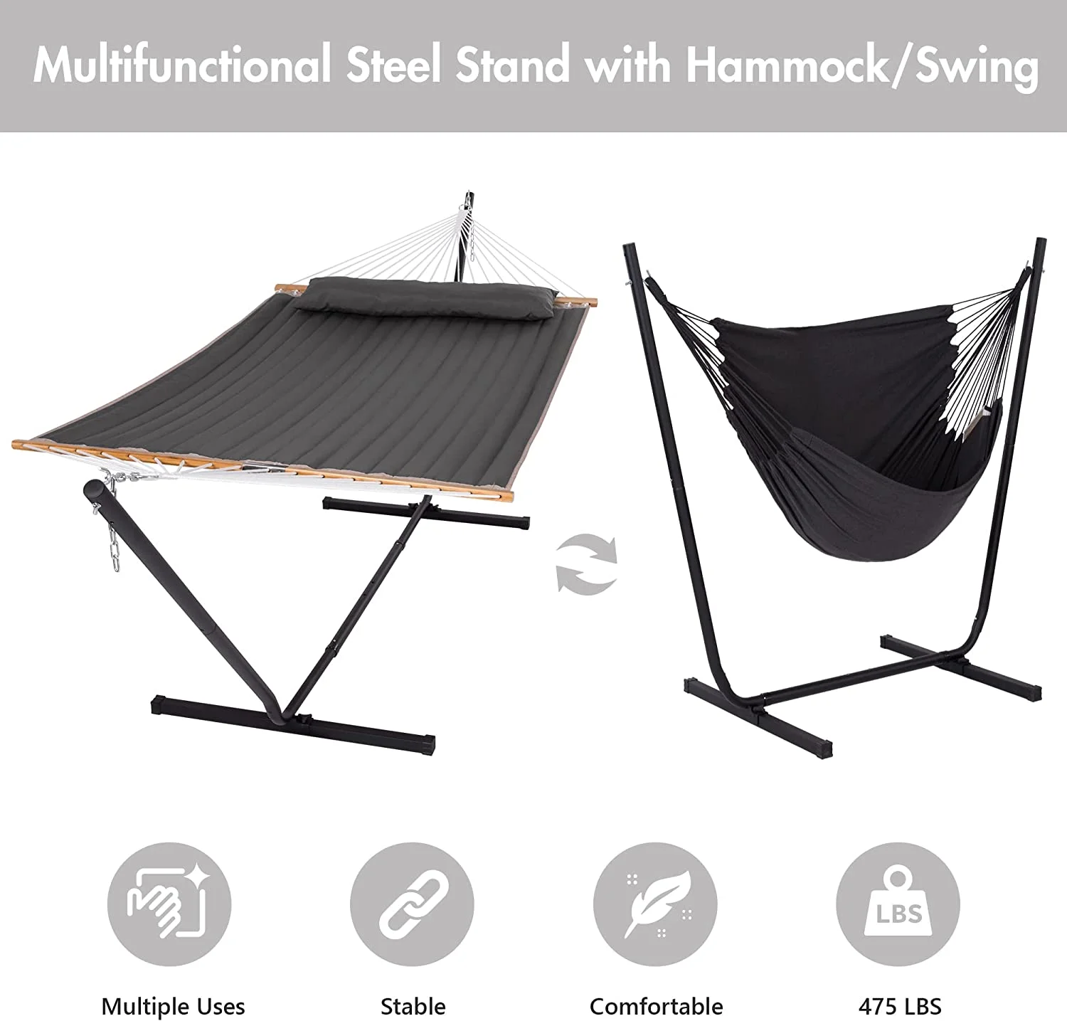SUNCREAT Polyester 2-in-1 Outdoor Patio Hammock with Stand, Patent Pending, Dark Gray