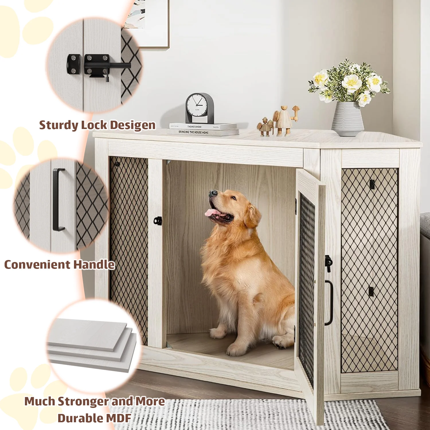Bossin 44"Corner Dog Crate Furniture，Wooden Dog Kennel Indoor Furniture，Decorative Dog Crate
