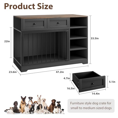 IDEALHOUSE 47” Large Dog Crate, Dog Kennel Indoor with 2 Drawers and 4 Shelves, Dog Crate Furniture TV Stand, Wooden Dog Cage for Medium Large Dogs