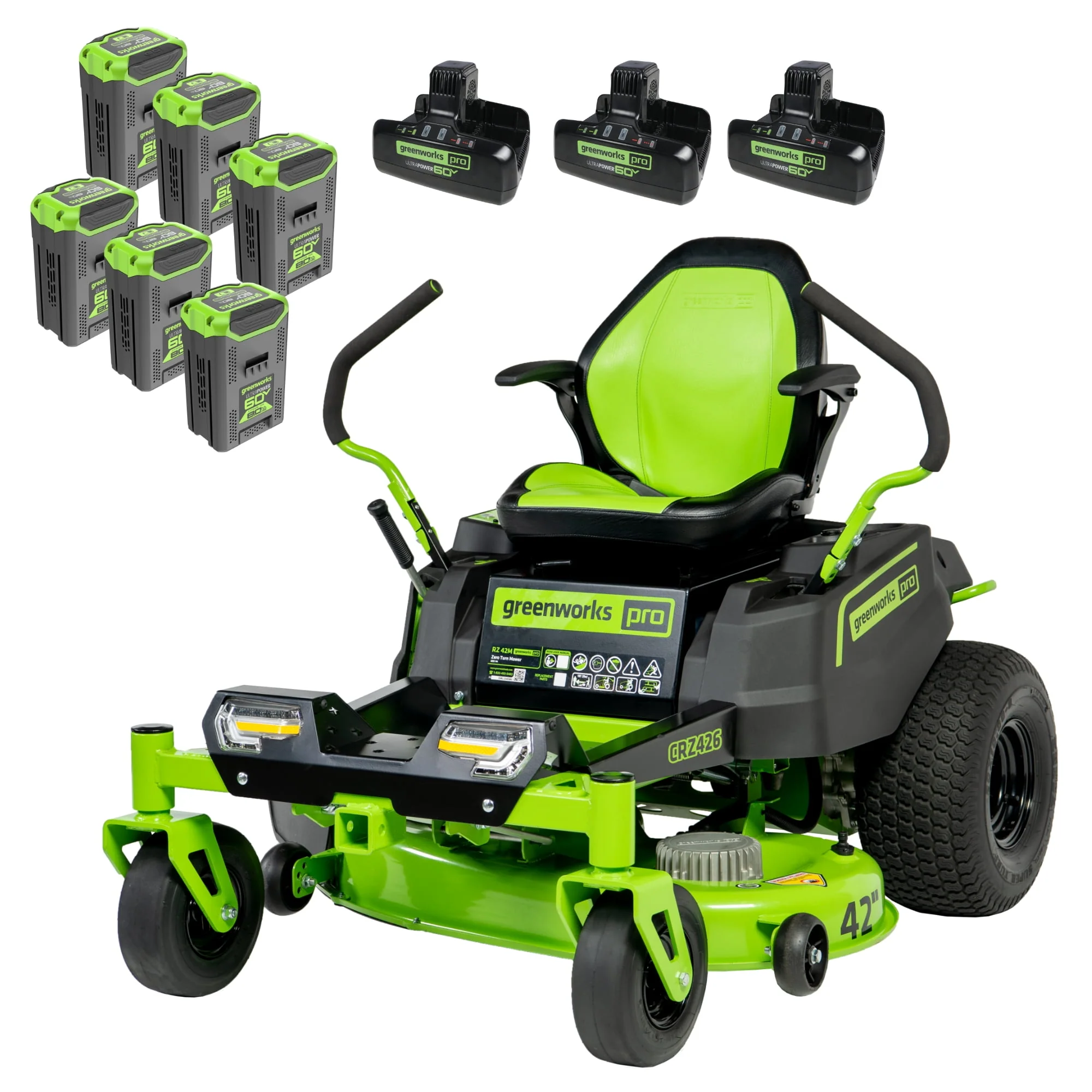 Greenworks 60V 42” Cordless Battery Crossover-Z Zero Turn Riding Lawn Mower + (6) 8Ah Batteries & (3) Dual Port Turbo Chargers 7409302