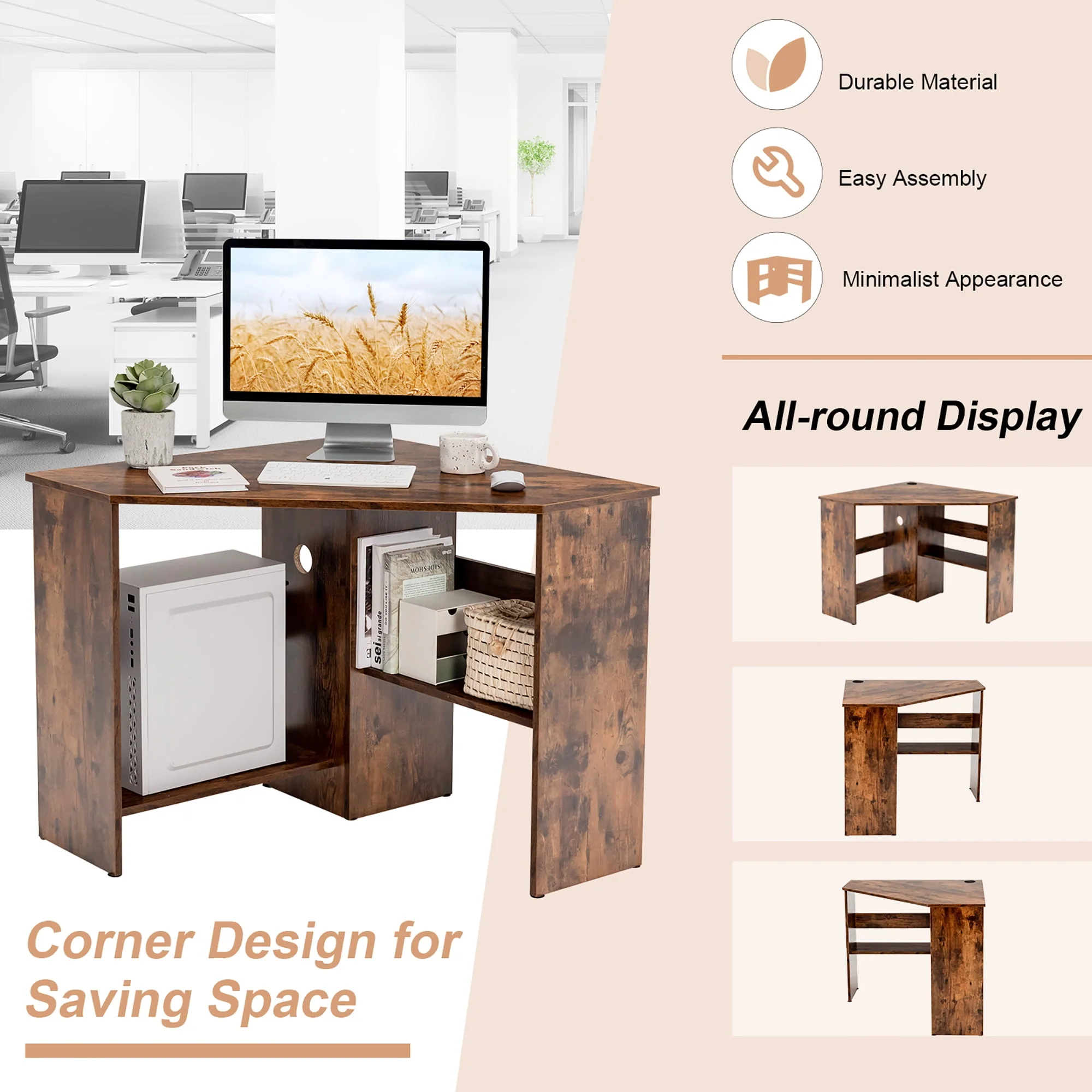 Costway Corner Computer Desk Triangle Writing Workstation w/Storage Shelf Rustic