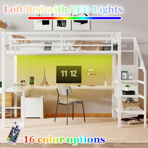 Bellemave Full Size Metal Loft Bed with L Shaped Desk and Wardrobe, Heavy Duty Loft Bed Frame with Storage Stairs