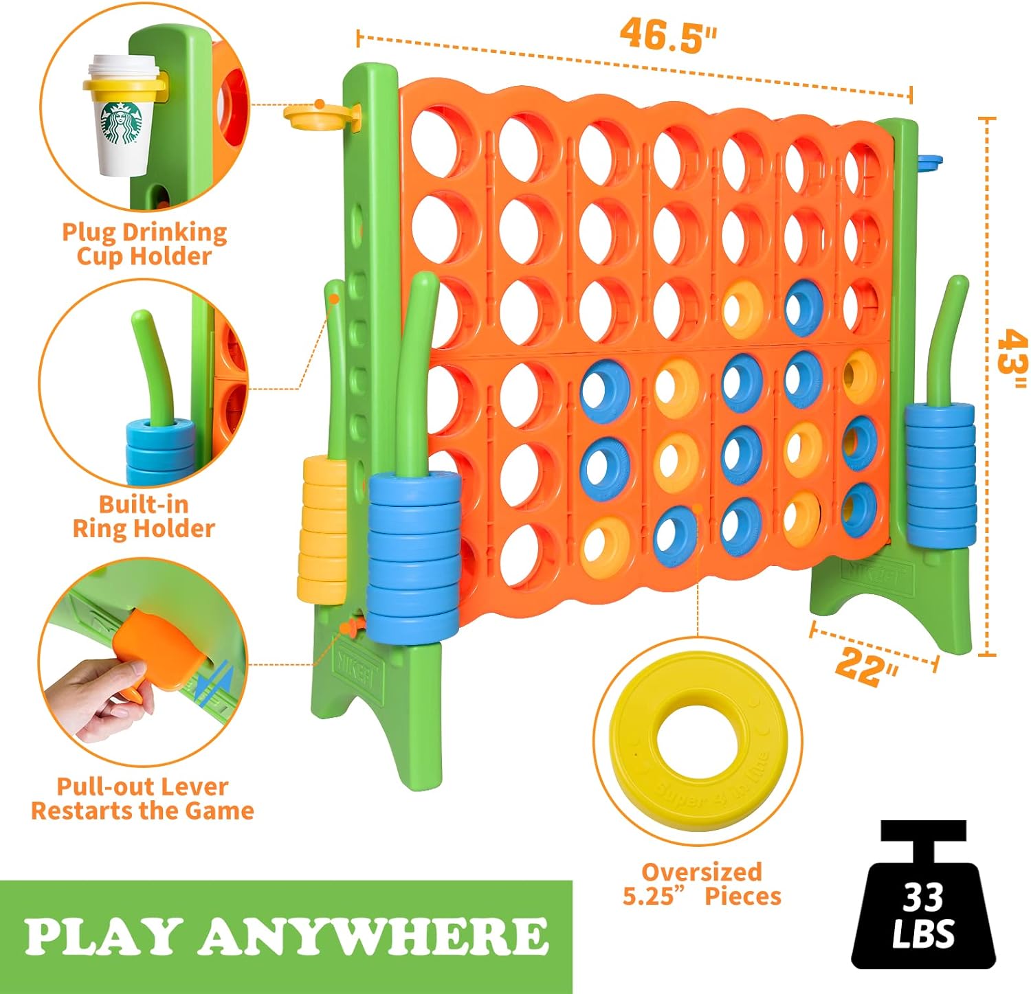 Oversized 4-to-score Jumbo connect in-a-row game Carry Bag Included,48”Giant plastic connect game set for Adults with cup holder,46 rings for kids