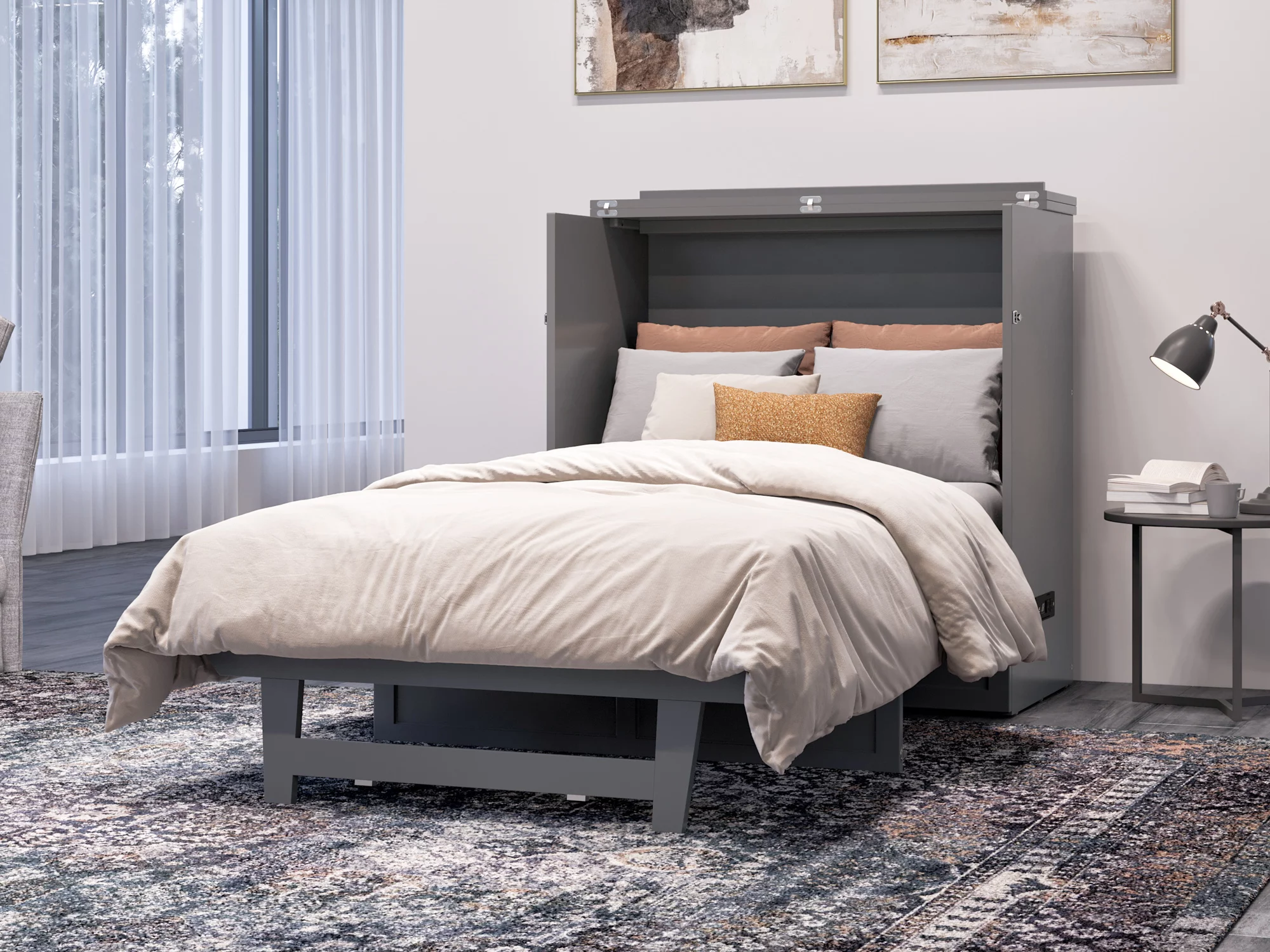 AFI Northfield Twin XL Solid Wood Murphy Bed Chest with Mattress, Drawer & Charger, Grey
