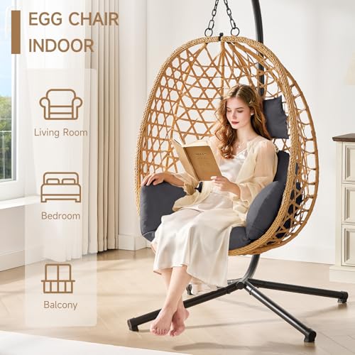 Egg Chair with Stand, Wicker Rattan Swing Hammock Chair with Fine Lace & Cushion, Hanging Chair with Double Chains