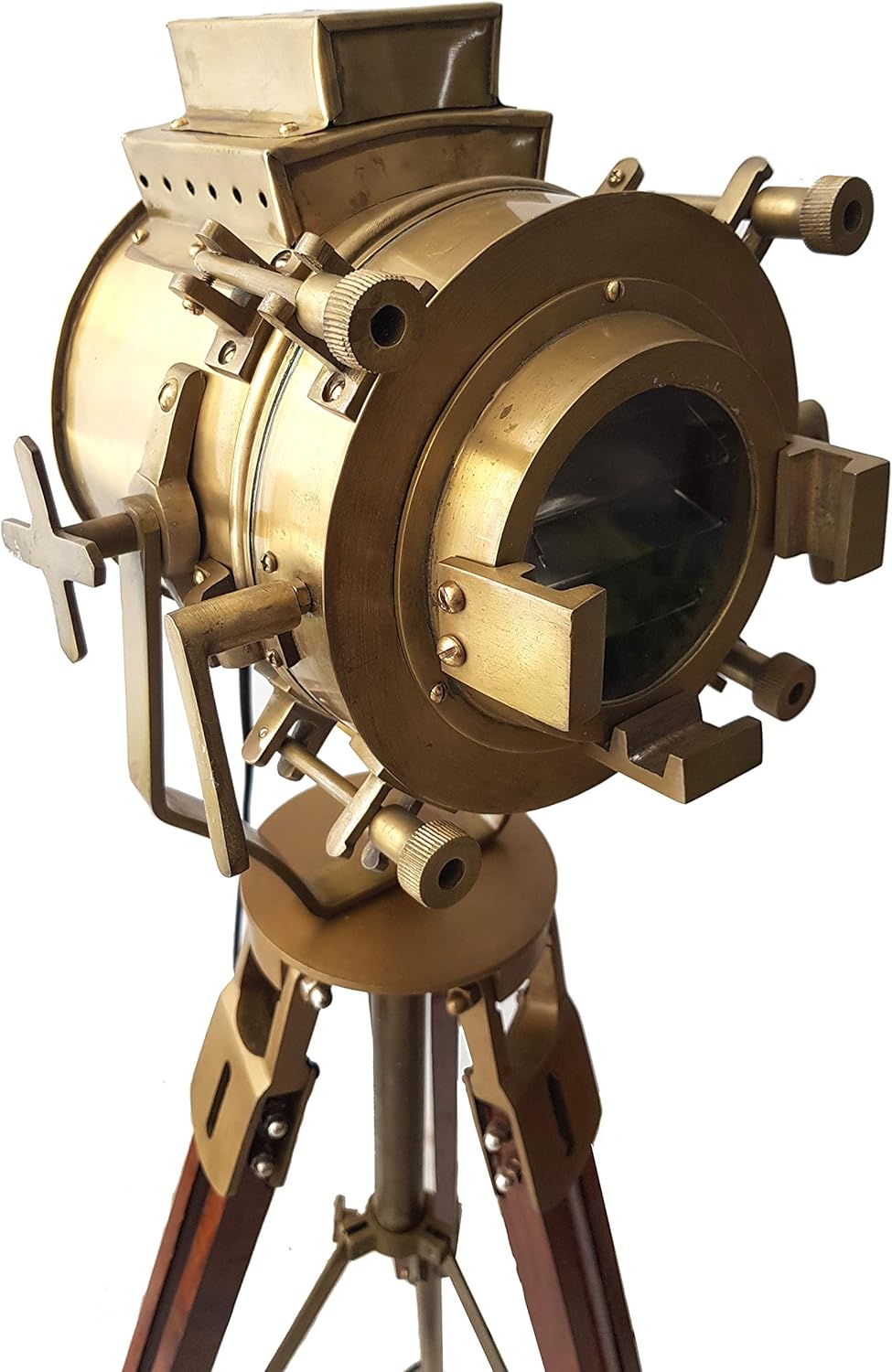 Vintage Antique Hollywood Theater Marine Searchlight Nautical Wooden Brown Tripod Handmade Brass Floor Lamp Retro Spotlight