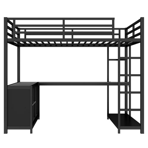 Bellemave Queen Size loft Bed with L Desk, Wardrobe, Metal Queen Loft Bed Frame for Adults, Kids, Teens, Black