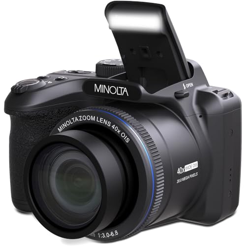 MINOLTA MN40Z 20 Mega Pixels 40x Optical Zoom Digital Camera with 1080p FHD Video (Purple) Bundle with 64GB Memory Card + Vlog Tripod + 4xAA Battery