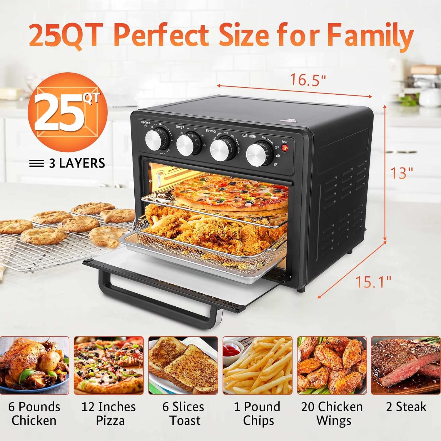 Binkols Air Fryer Oven 25 Quart, 7-in-1 Large Toaster Oven Air Fryer Combo, Large Air Fryer with Air Fry, Broil, Toast, Bake, Warm