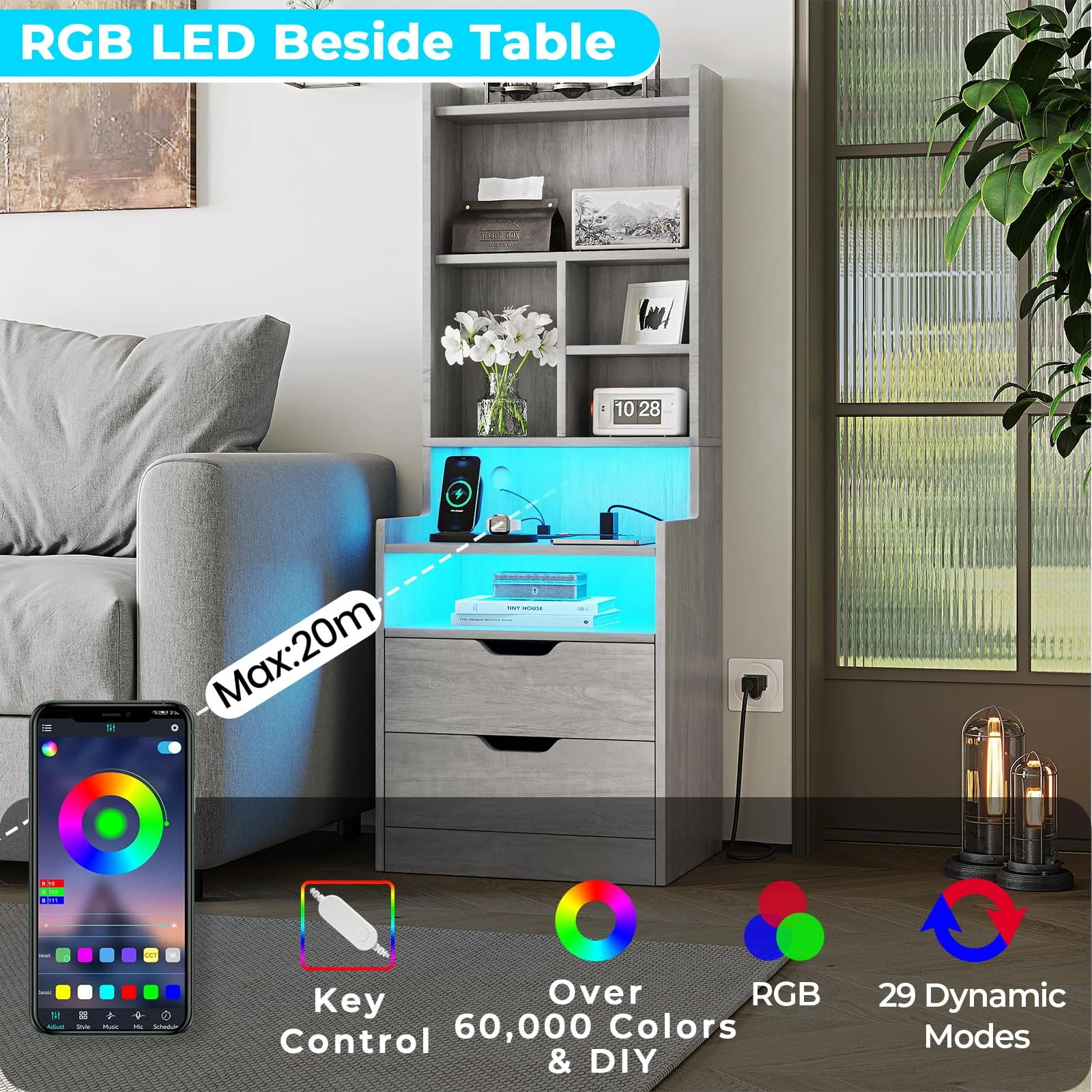 Set of 2 LED Nightstand with Charging Station for Bedroom, Gray Night Stand End Side Table with 2 Drawers&LED Lights for Living Room