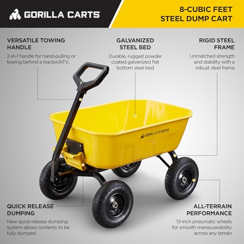 Gorilla Carts Heavy Duty Steel Yard Dump Cart Garden Wagon with 13 Inch Tires, Yellow