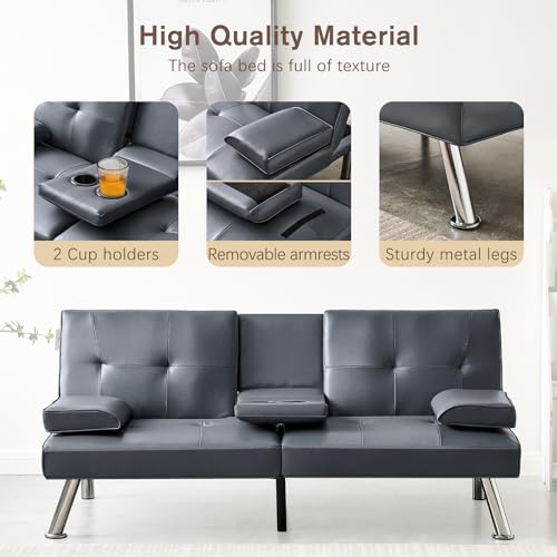 Faux Leather Convertible Folding Futon Sofa Bed with 2 Cup Holders, Sleeper Couch Bed with Removable Armrests, Metal Legs