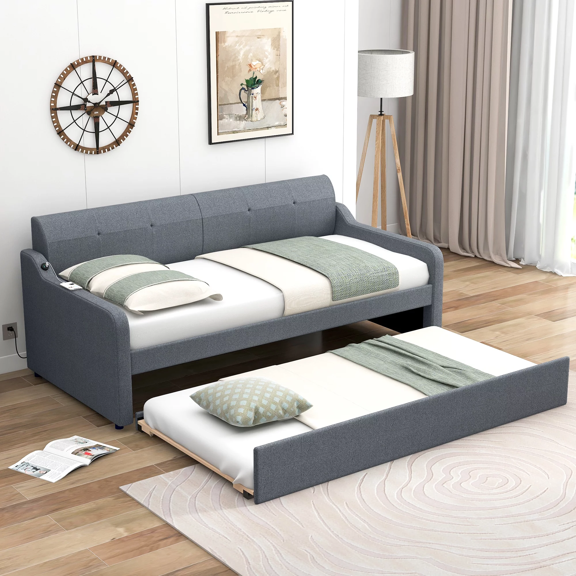 EUROCO Twin Size Upholstery DayBed with Convertible Trundle and USB Charging Station, Gray
