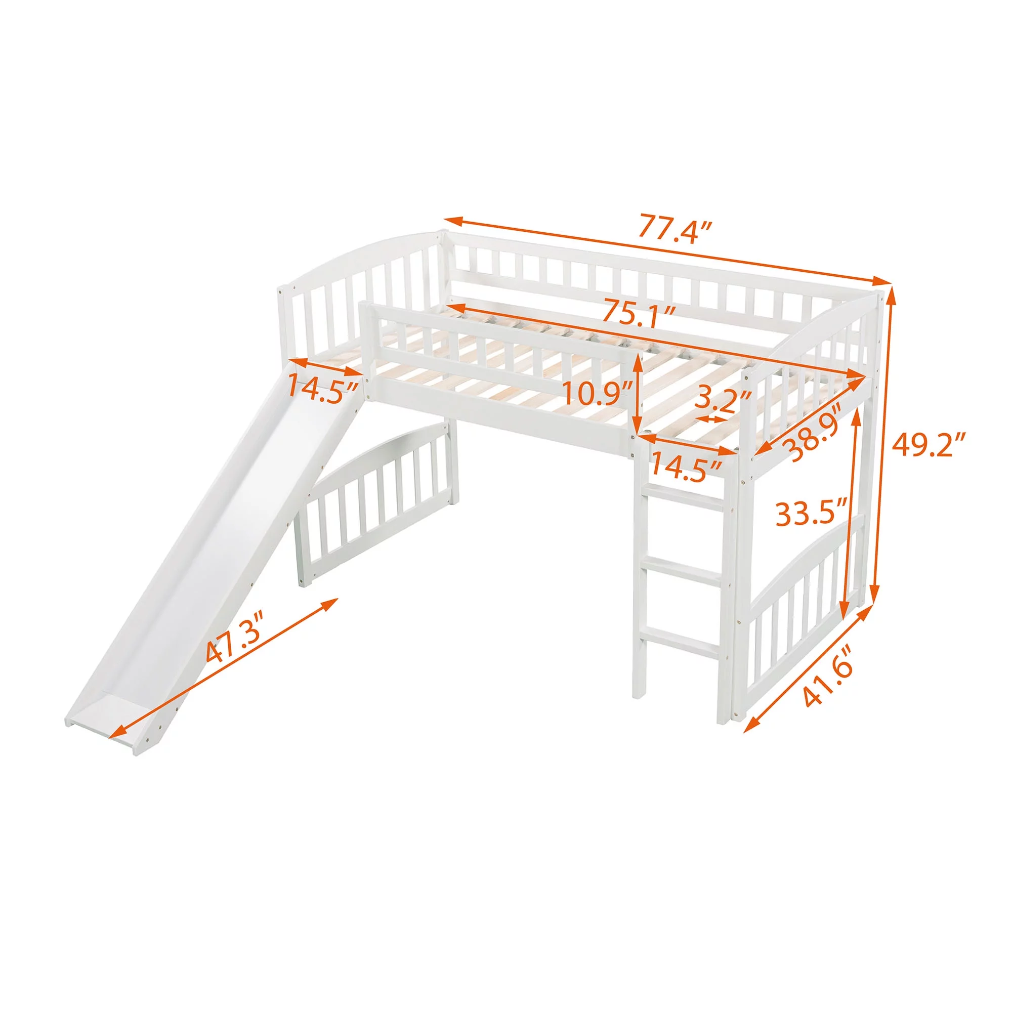 Double loft bed with slide and ladder, white works well with a variety of decor styles, allowing you to easily elevate and enhance your space