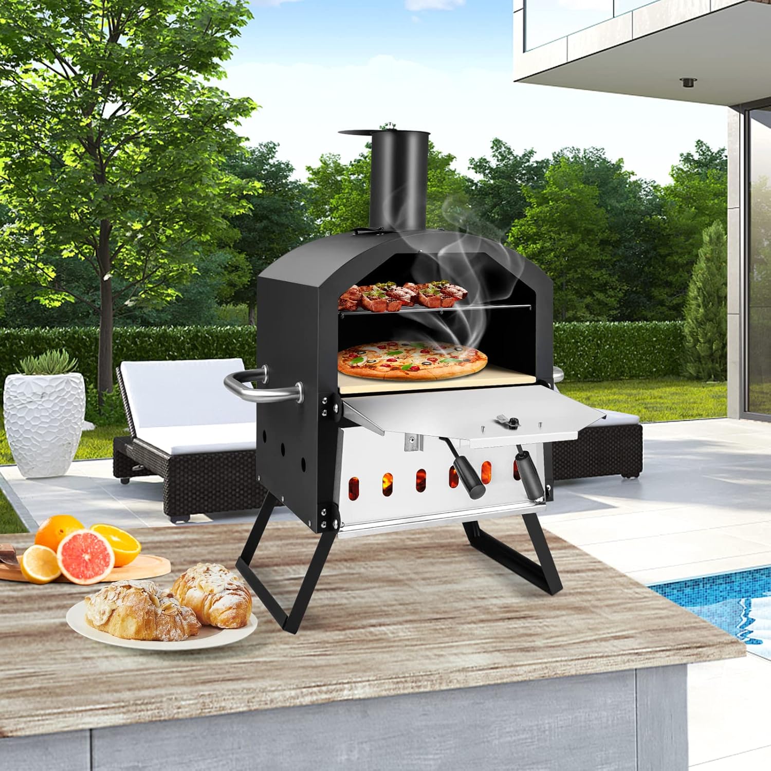 Giantex Outdoor Pizza Oven Wood Fired, 2-Layer Pizza Maker with Pizza Stone, Pizza Peel, Removable Cooking Rack, Waterproof Cover, Folding Legs