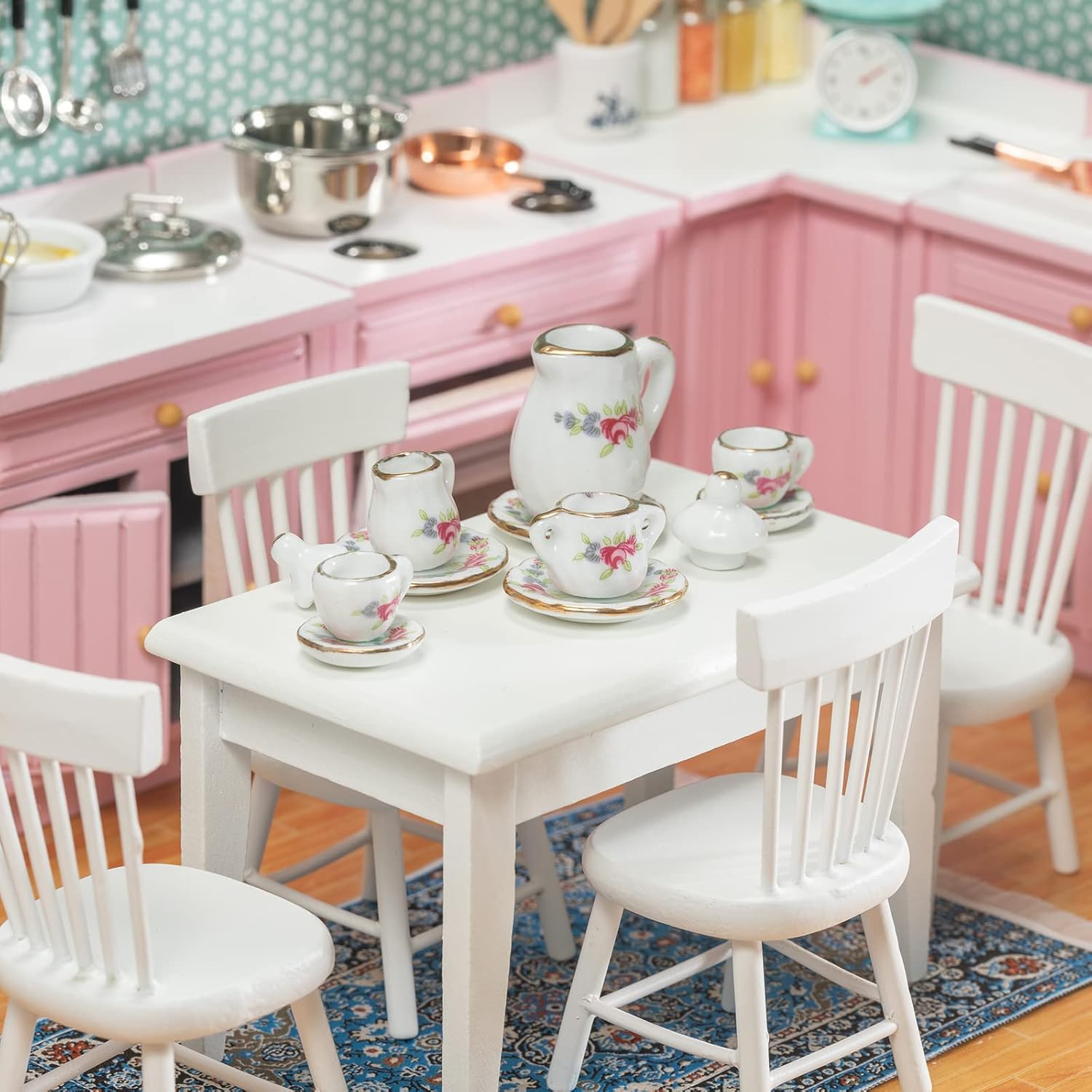 SAMCAMI 1:12 Dollhouse Furniture - Exquisite Kitchen Room Set (17 Pieces) - Dining Table with Chairs, Tea Set, Carpet