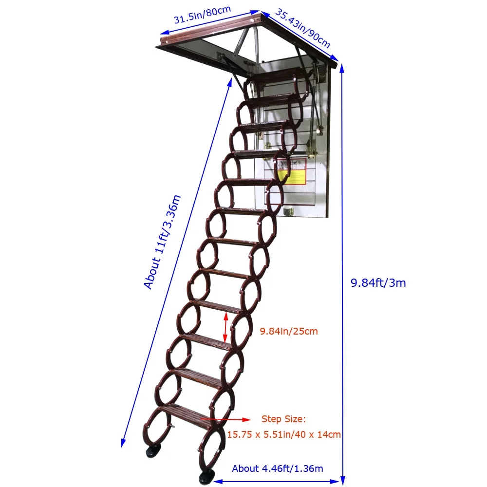 EQCOTWEA Attic Ceiling Retractable Folding Ladder Stairs 31.5*35.4in Portable Extension Staircase Red