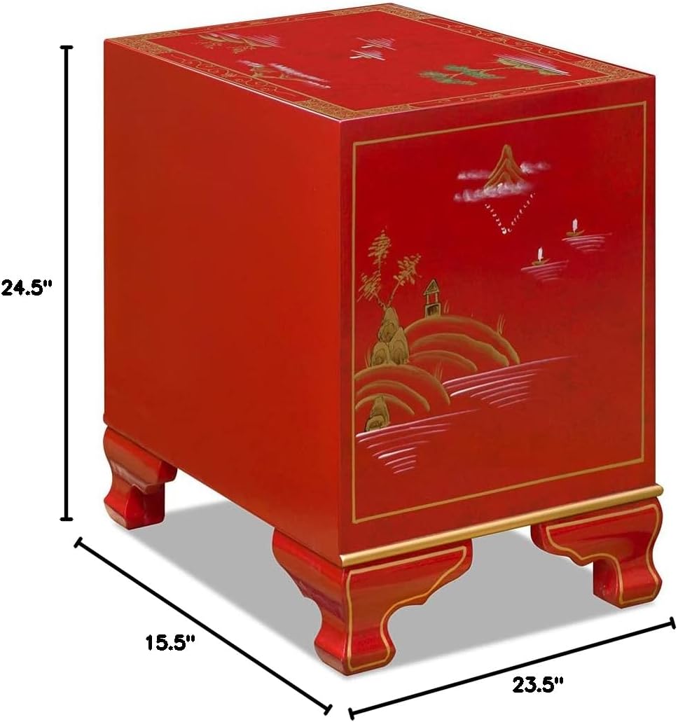 ChinaFurnitureOnline Hand Painted Red Chinoiseries Scenery Motif Oriental Accent Cabinet